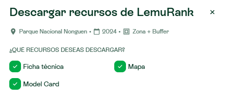 Resource download window in Atlas (Spanish interface) for LemuRank, Parque Nacional Nonguén, 2024, Zona + Buffer, with the technical sheet, map and Model Card options.
